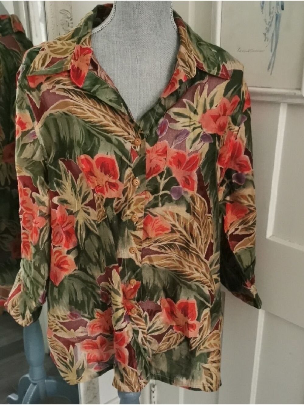 Womens 90s Vintage Erin London Semi Sheer Floral Cottagecore Peekaboo Blouse